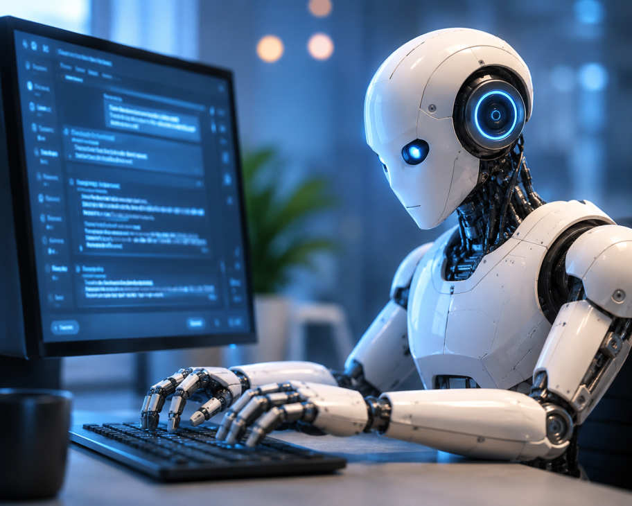 Robot assistant IA moderne utilisant ChatGPT sur ordinateur pour aider et accompagner les utilisateurs dans le numérique