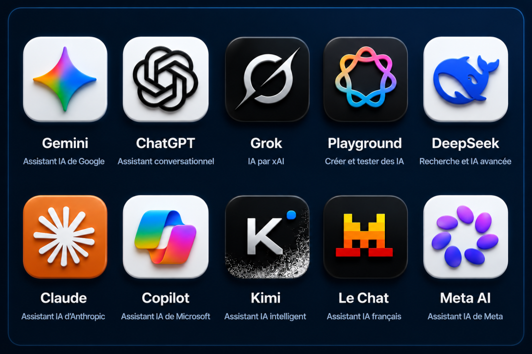 Présentation des principaux assistants d’intelligence artificielle : ChatGPT, Gemini, Copilot, Claude, DeepSeek, Grok et autres outils IA populaires