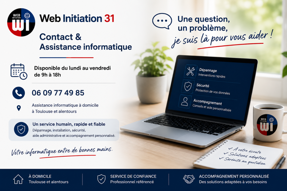 Visuel professionnel WI31 présentant un service d’assistance informatique à domicile à Toulouse avec dépannage, sécurité numérique et accompagnement personnalisé.
