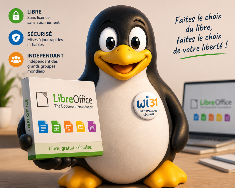 Pingouin Linux souriant présentant LibreOffice comme alternative libre, gratuite et sécurisée aux logiciels payants pour ordinateur.