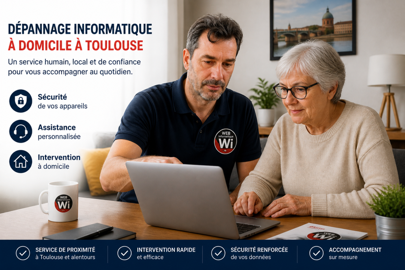 Technicien informatique à domicile à Toulouse aidant une cliente sur ordinateur – assistance et sécurité des appareils