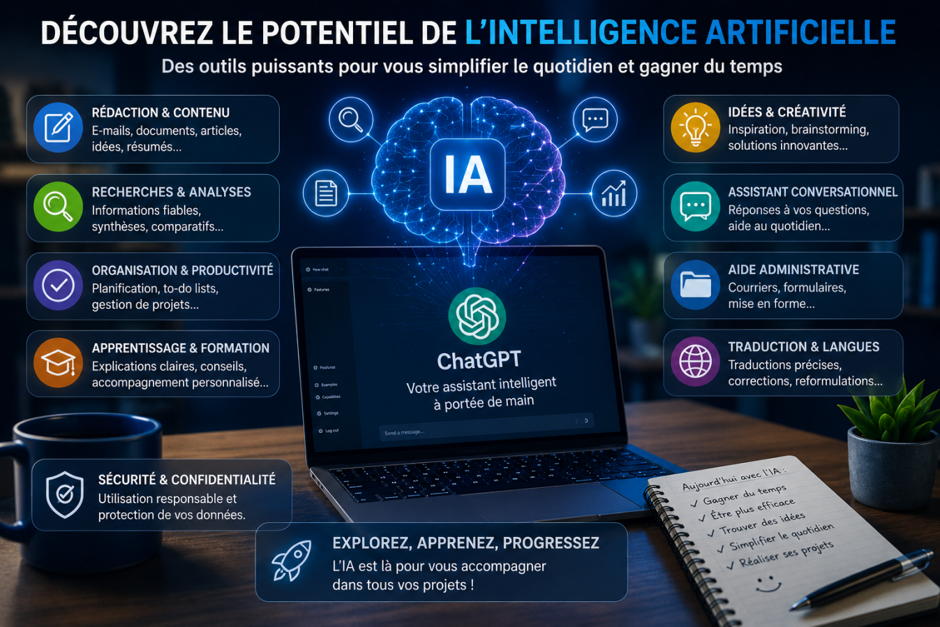 Illustration de l’intelligence artificielle avec ChatGPT et outils IA pour assistance numérique, rédaction, organisation et productivité à Toulouse