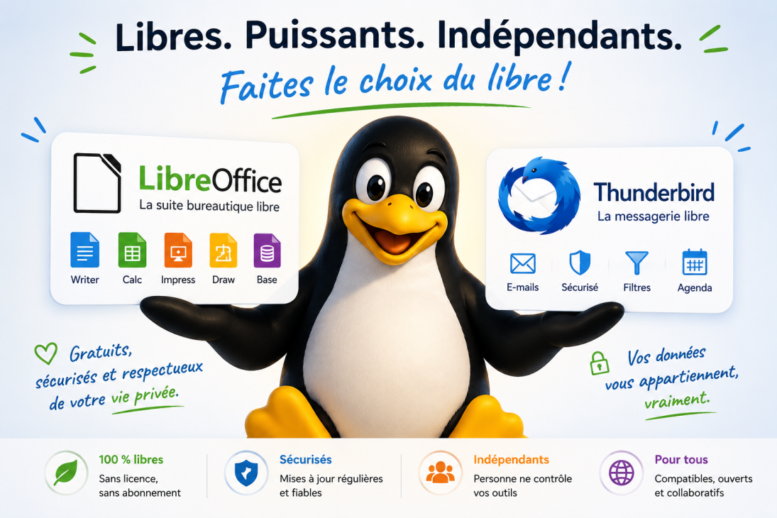 Pingouin Linux présentant LibreOffice et Thunderbird comme alternatives libres, modernes, sécurisées et gratuites pour les particuliers.