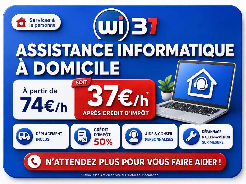 Assistance informatique à domicile à Toulouse pour particuliers, tarifs à partir de 60 € par heure, déplacement inclus et service déductible à 50 %.