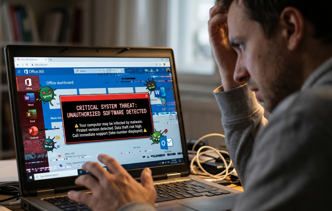 Utilisateur devant son ordinateur réalisant les risques liés à un logiciel piraté et découvrant l’intérêt des logiciels libres, gratuits et sécurisés.