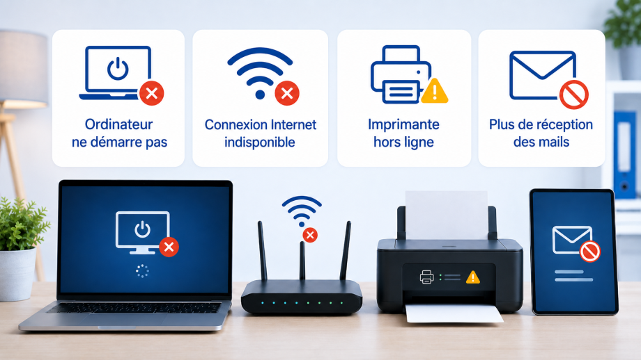 Illustration de dépannage informatique à domicile avec ordinateur, box Internet, imprimante et tablette affichant des problèmes courants