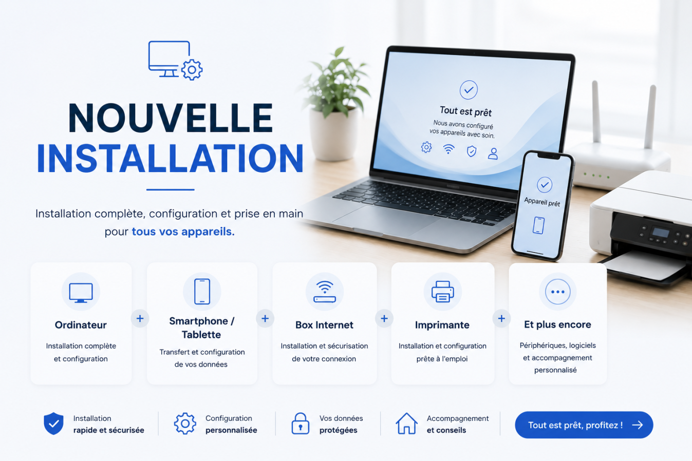 Installation et configuration informatique à domicile à Toulouse : ordinateur, smartphone, tablette, imprimante, box Internet et connexion réseau.